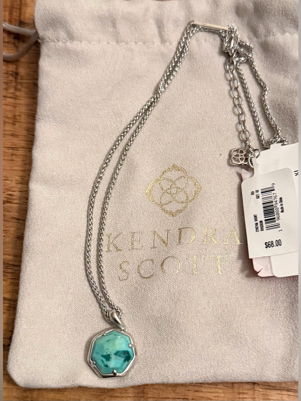 Kendra Scott Cynthia Short Rhodium Necklace with Turquoise Green Stone